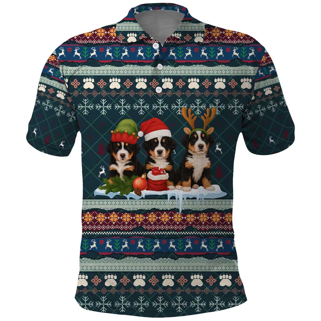 Bernese Mountain Dogs in Holiday Costumes Polo Shirt with Green Snowflake Pattern Design - Wonder Print Shop