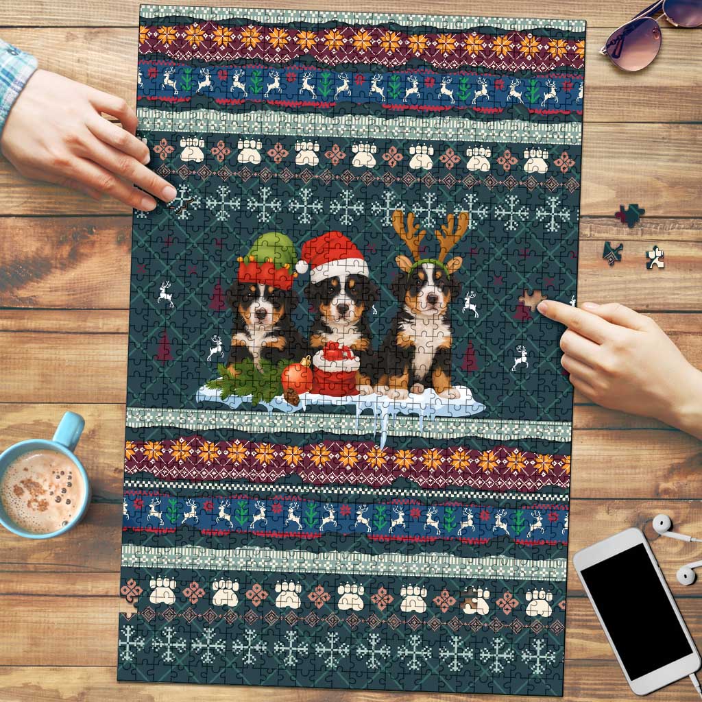 Bernese Mountain Dogs in Holiday Costumes Puzzle with Green Snowflake Pattern Design - Wonder Print Shop