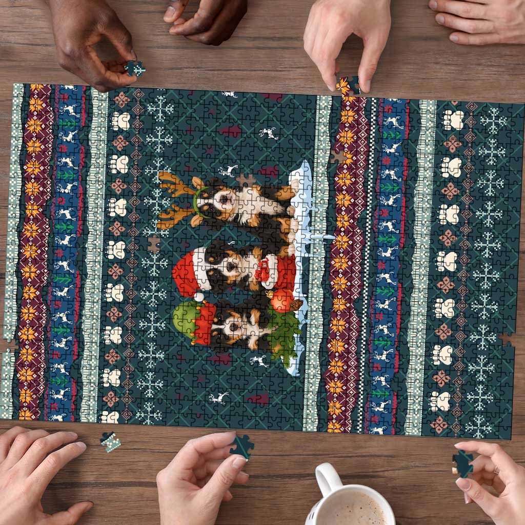 Bernese Mountain Dogs in Holiday Costumes Puzzle with Green Snowflake Pattern Design - Wonder Print Shop