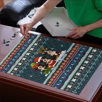 Bernese Mountain Dogs in Holiday Costumes Puzzle with Green Snowflake Pattern Design - Wonder Print Shop