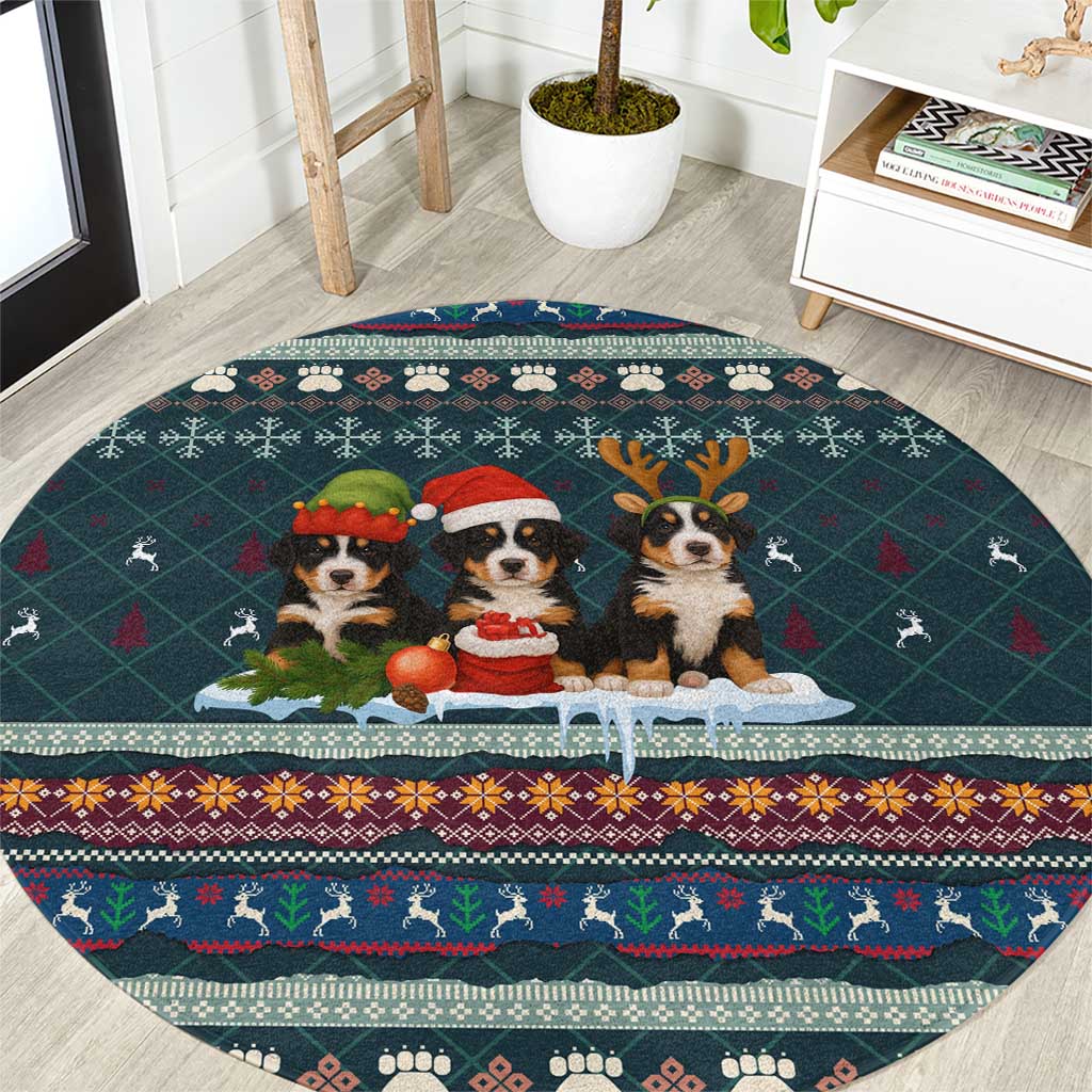 Bernese Mountain Dogs in Holiday Costumes Round Carpet with Green Snowflake Pattern Design - Wonder Print Shop