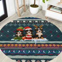 Bernese Mountain Dogs in Holiday Costumes Round Carpet with Green Snowflake Pattern Design - Wonder Print Shop