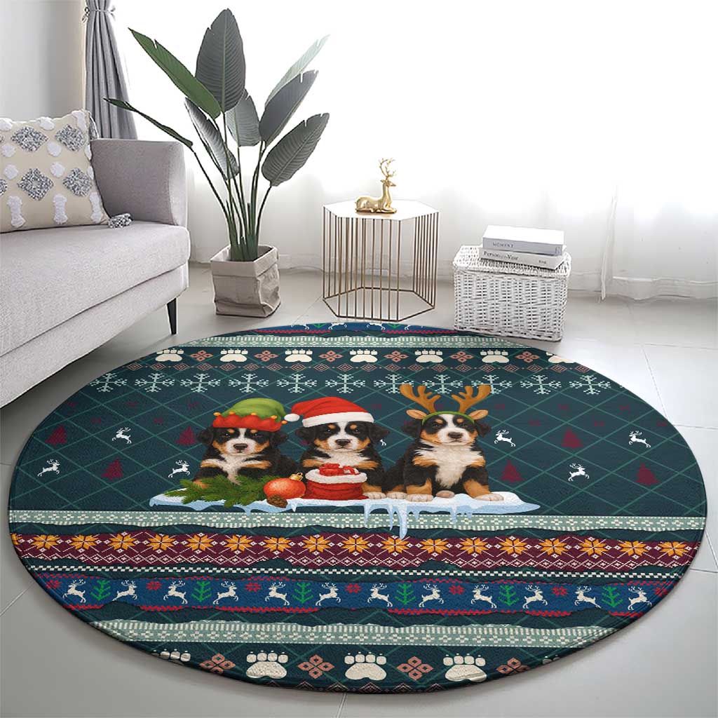 Bernese Mountain Dogs in Holiday Costumes Round Carpet with Green Snowflake Pattern Design - Wonder Print Shop