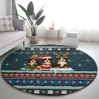 Bernese Mountain Dogs in Holiday Costumes Round Carpet with Green Snowflake Pattern Design - Wonder Print Shop
