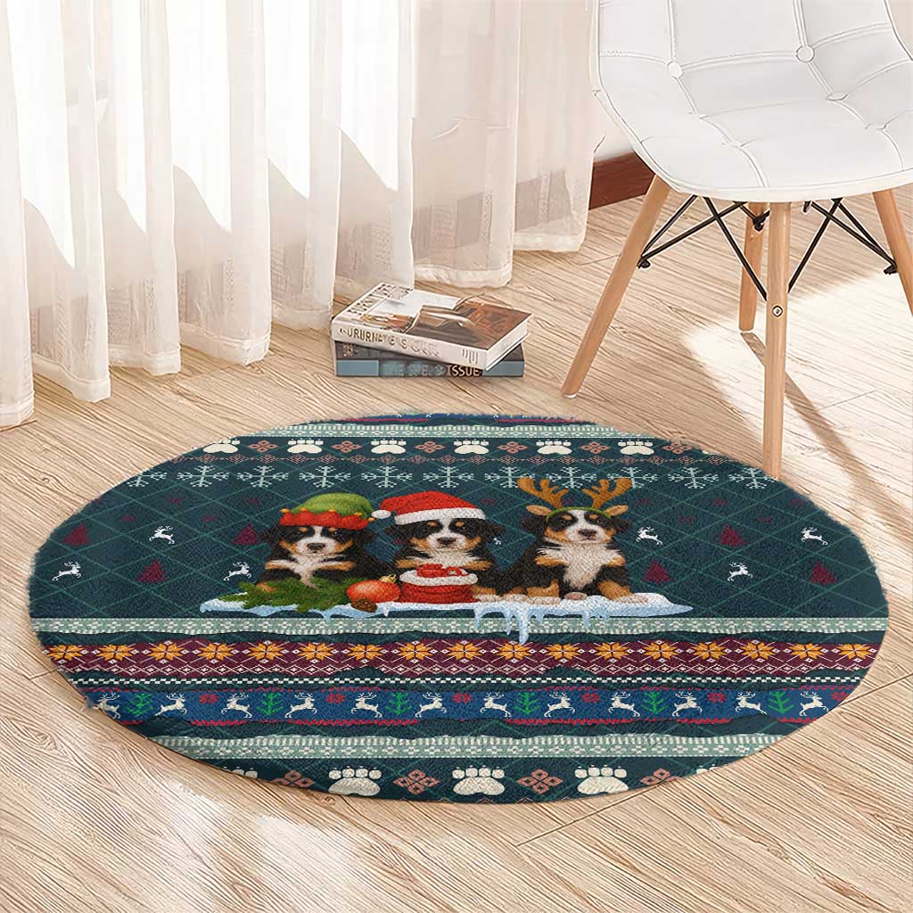 Bernese Mountain Dogs in Holiday Costumes Round Carpet with Green Snowflake Pattern Design - Wonder Print Shop
