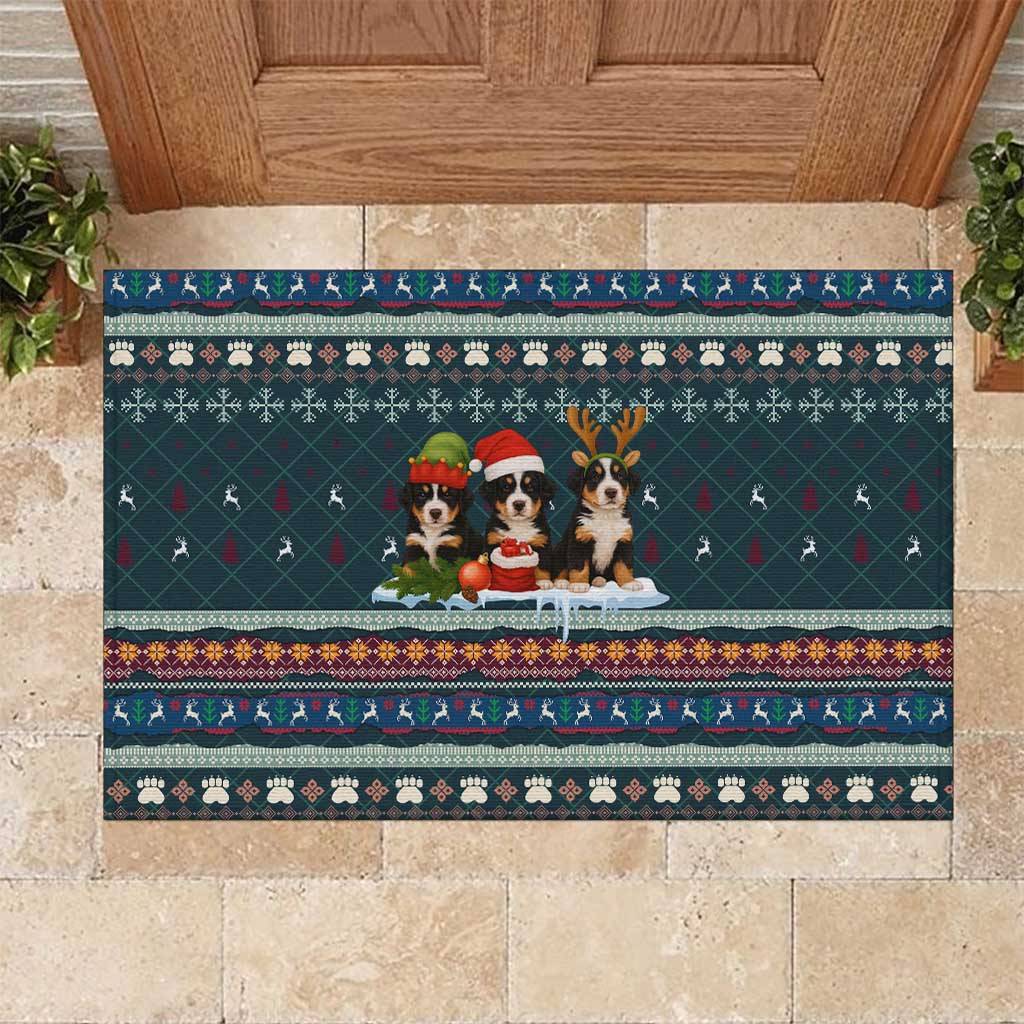 Bernese Mountain Dogs in Holiday Costumes Rubber Doormat with Green Snowflake Pattern Design - Wonder Print Shop