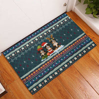 Bernese Mountain Dogs in Holiday Costumes Rubber Doormat with Green Snowflake Pattern Design - Wonder Print Shop