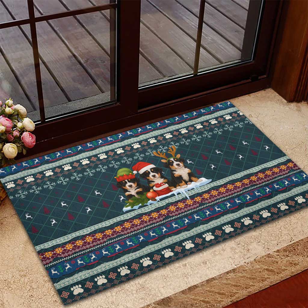 Bernese Mountain Dogs in Holiday Costumes Rubber Doormat with Green Snowflake Pattern Design - Wonder Print Shop