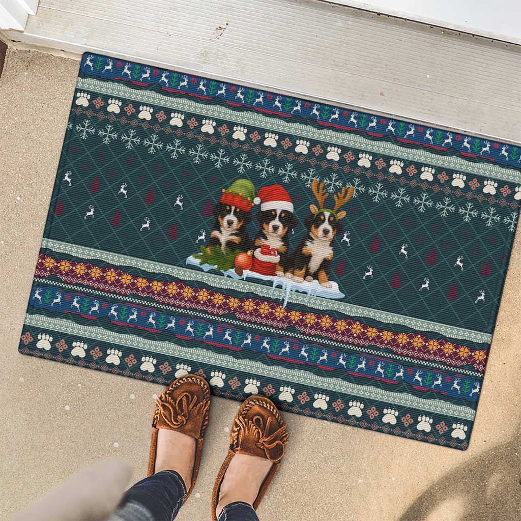 Bernese Mountain Dogs in Holiday Costumes Rubber Doormat with Green Snowflake Pattern Design - Wonder Print Shop