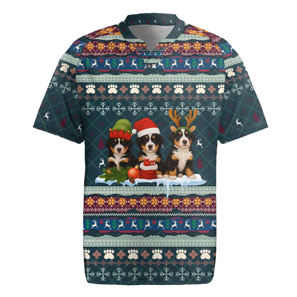 Bernese Mountain Dogs in Holiday Costumes Rugby Jersey with Green Snowflake Pattern Design - Wonder Print Shop