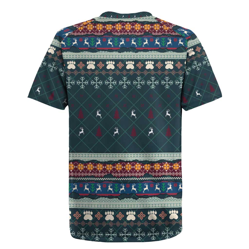 Bernese Mountain Dogs in Holiday Costumes Rugby Jersey with Green Snowflake Pattern Design - Wonder Print Shop