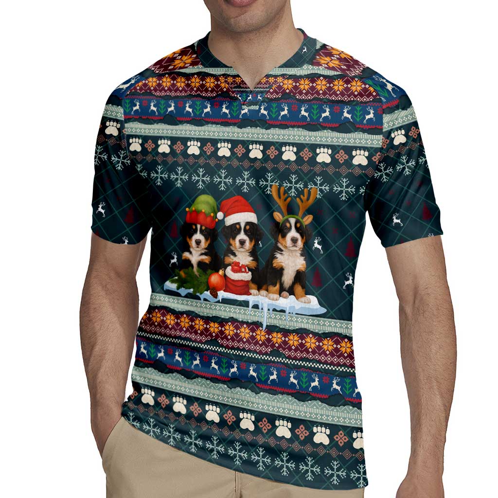Bernese Mountain Dogs in Holiday Costumes Rugby Jersey with Green Snowflake Pattern Design - Wonder Print Shop