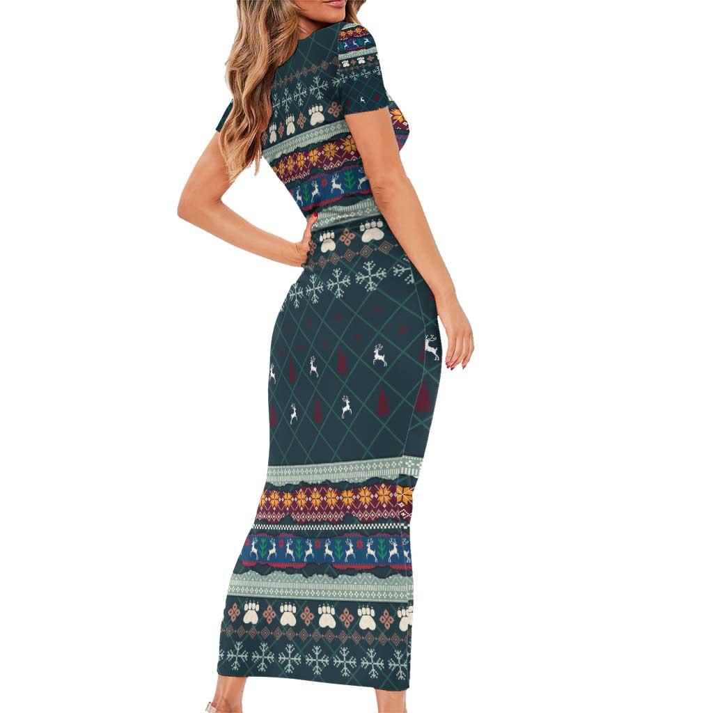 Bernese Mountain Dogs in Holiday Costumes Short Sleeve Bodycon Dress with Green Snowflake Pattern Design - Wonder Print Shop