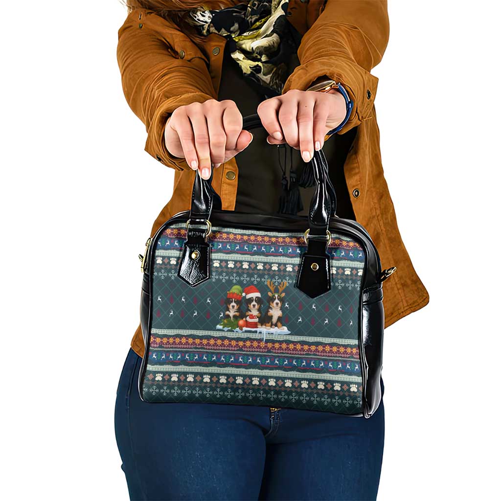 Bernese Mountain Dogs in Holiday Costumes Shoulder Handbag with Green Snowflake Pattern Design - Wonder Print Shop