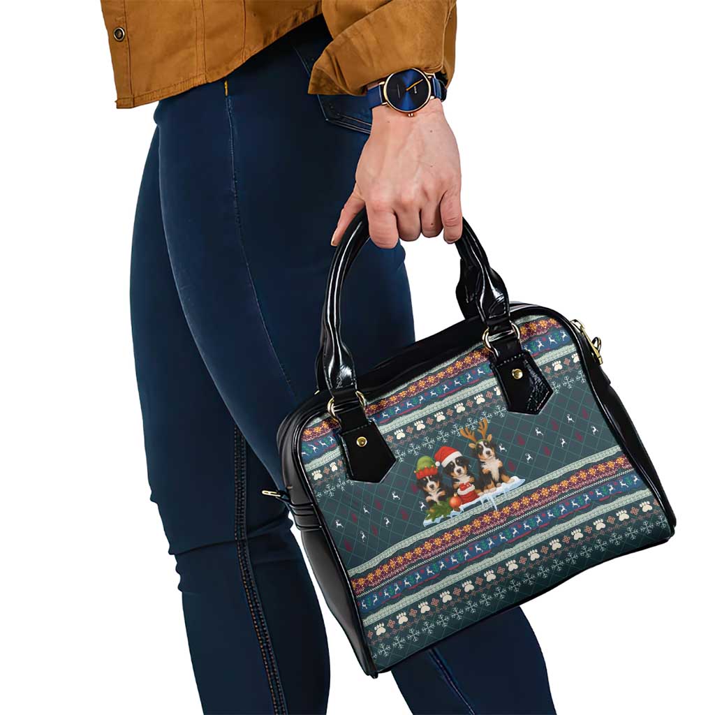 Bernese Mountain Dogs in Holiday Costumes Shoulder Handbag with Green Snowflake Pattern Design - Wonder Print Shop