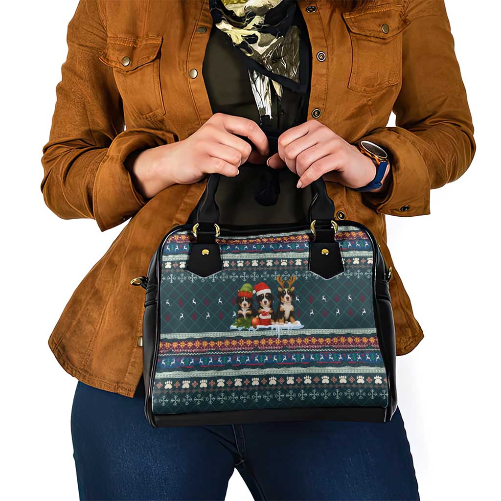 Bernese Mountain Dogs in Holiday Costumes Shoulder Handbag with Green Snowflake Pattern Design - Wonder Print Shop