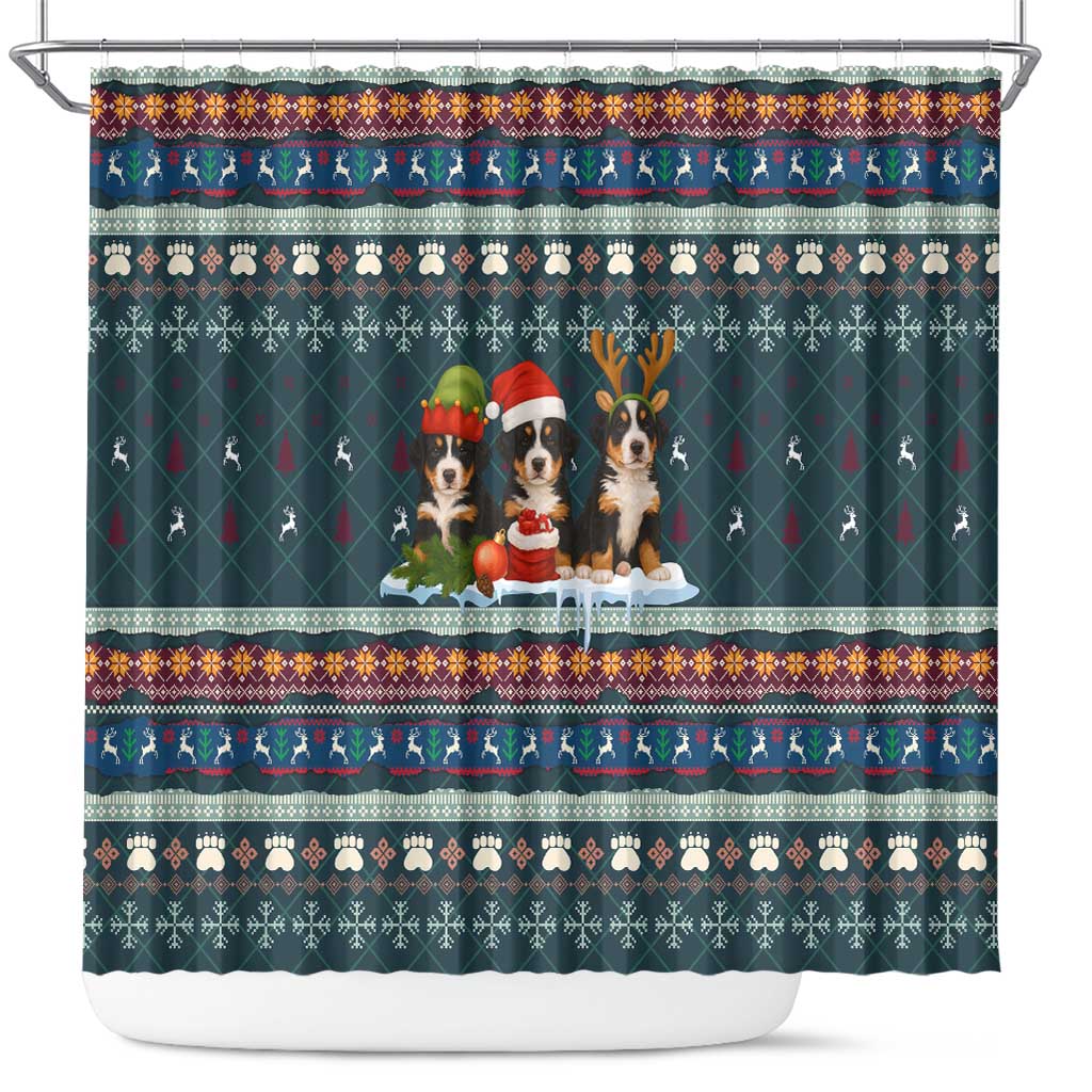 Bernese Mountain Dogs in Holiday Costumes Shower Curtain with Green Snowflake Pattern Design - Wonder Print Shop