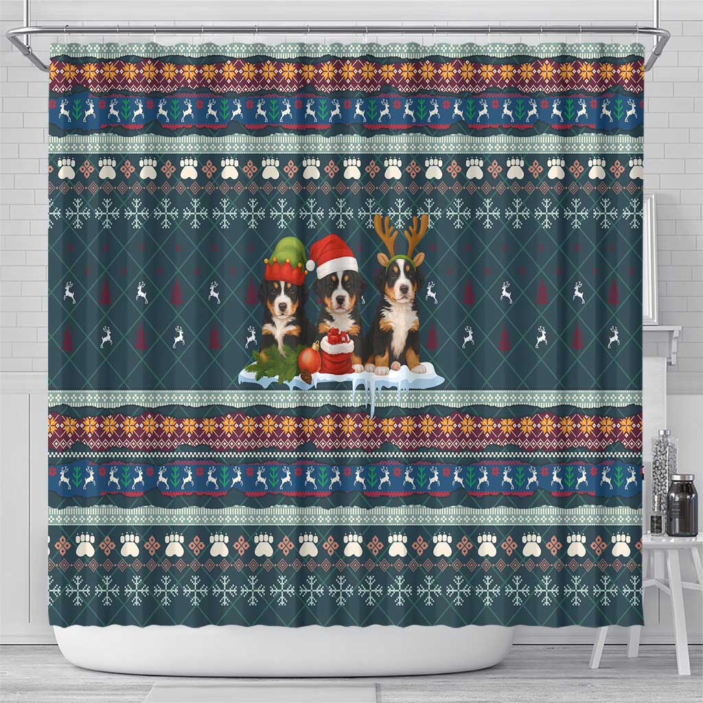 Bernese Mountain Dogs in Holiday Costumes Shower Curtain with Green Snowflake Pattern Design - Wonder Print Shop