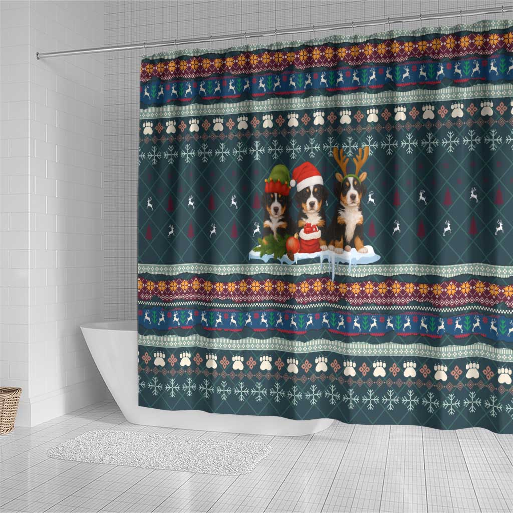 Bernese Mountain Dogs in Holiday Costumes Shower Curtain with Green Snowflake Pattern Design - Wonder Print Shop