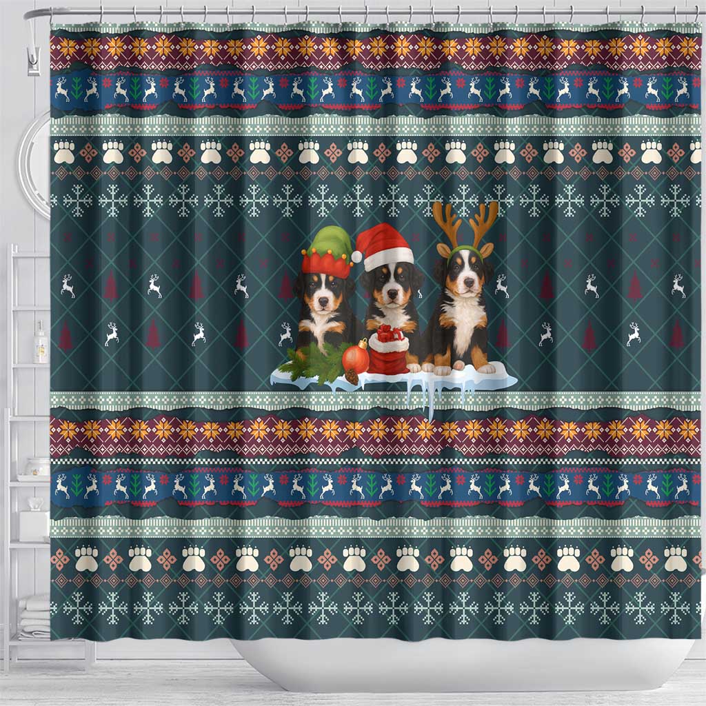 Bernese Mountain Dogs in Holiday Costumes Shower Curtain with Green Snowflake Pattern Design - Wonder Print Shop