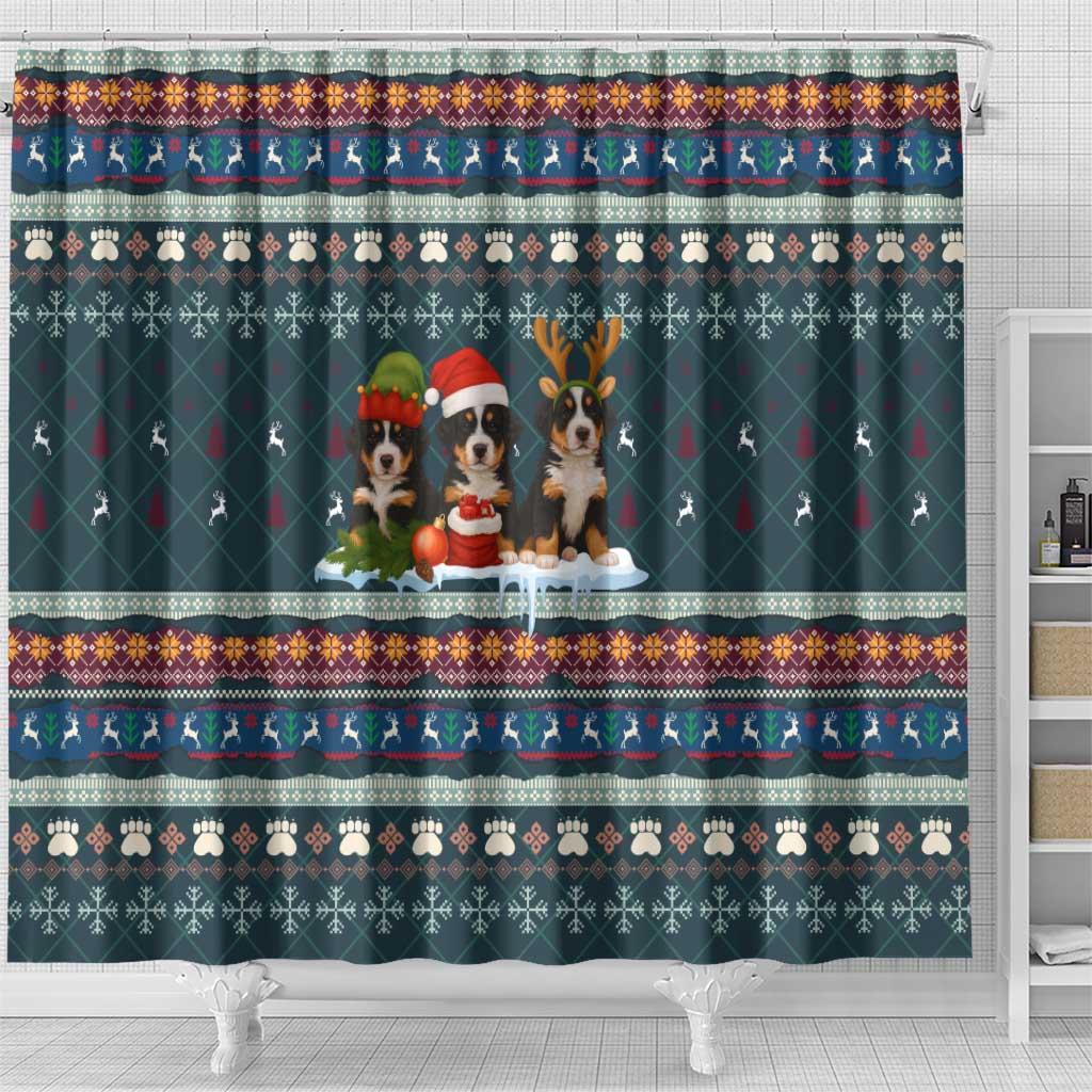 Bernese Mountain Dogs in Holiday Costumes Shower Curtain with Green Snowflake Pattern Design - Wonder Print Shop
