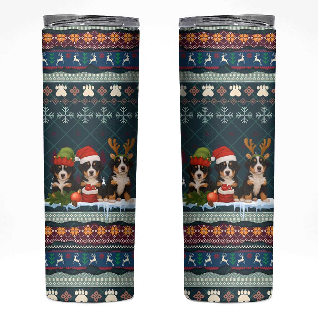 Bernese Mountain Dogs in Holiday Costumes Skinny Tumbler with Green Snowflake Pattern Design - Wonder Print Shop