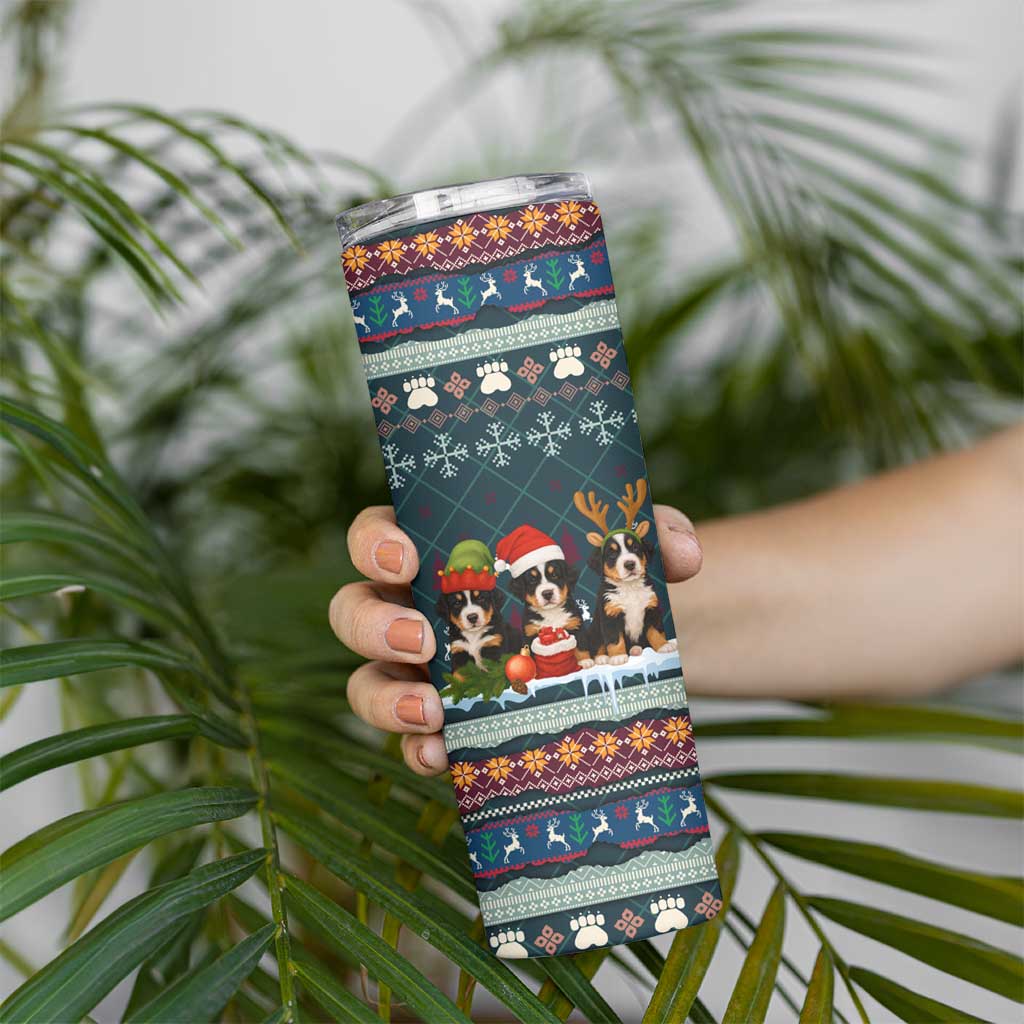 Bernese Mountain Dogs in Holiday Costumes Skinny Tumbler with Green Snowflake Pattern Design - Wonder Print Shop