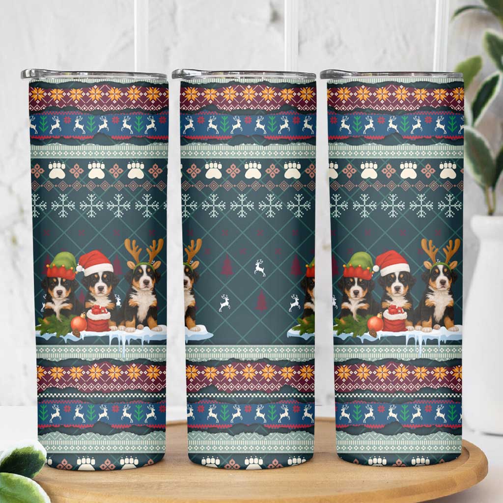 Bernese Mountain Dogs in Holiday Costumes Skinny Tumbler with Green Snowflake Pattern Design - Wonder Print Shop