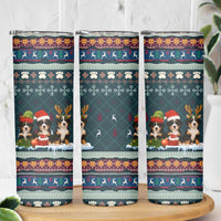 Bernese Mountain Dogs in Holiday Costumes Skinny Tumbler with Green Snowflake Pattern Design - Wonder Print Shop
