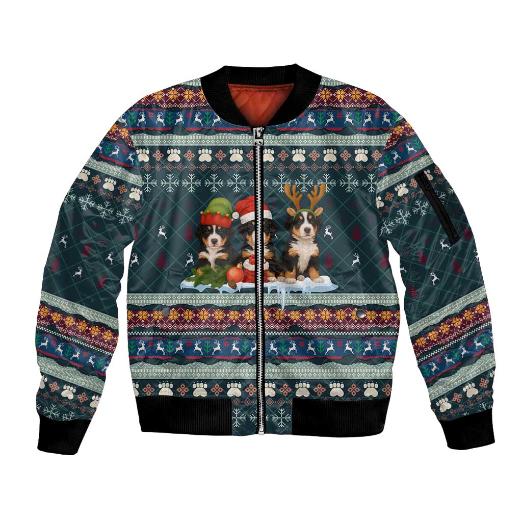 Bernese Mountain Dogs in Holiday Costumes Sleeve Zip Bomber Jacket with Green Snowflake Pattern Design - Wonder Print Shop