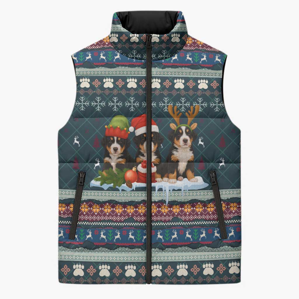 Bernese Mountain Dogs in Holiday Costumes Sleeveless Puffer Jacket with Green Snowflake Pattern Design - Wonder Print Shop