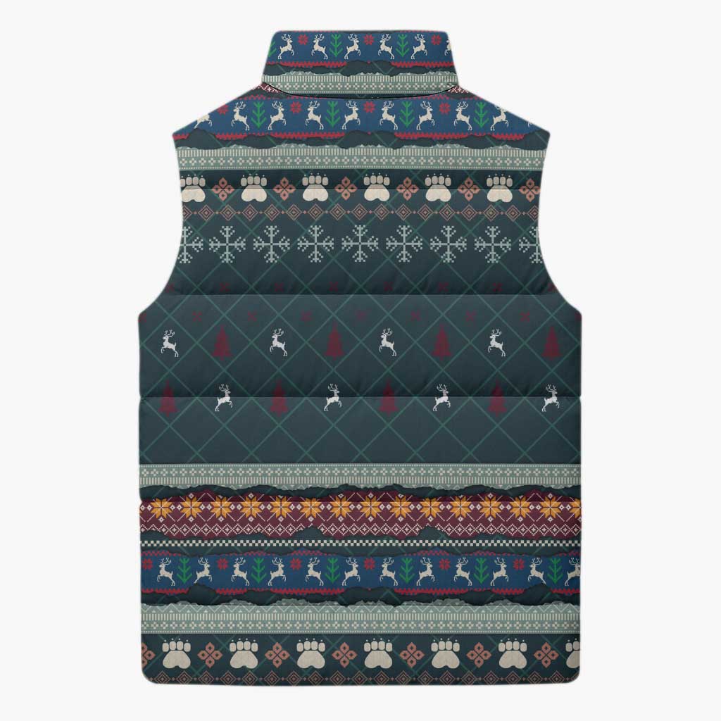 Bernese Mountain Dogs in Holiday Costumes Sleeveless Puffer Jacket with Green Snowflake Pattern Design - Wonder Print Shop