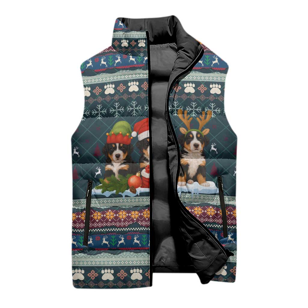 Bernese Mountain Dogs in Holiday Costumes Sleeveless Puffer Jacket with Green Snowflake Pattern Design - Wonder Print Shop