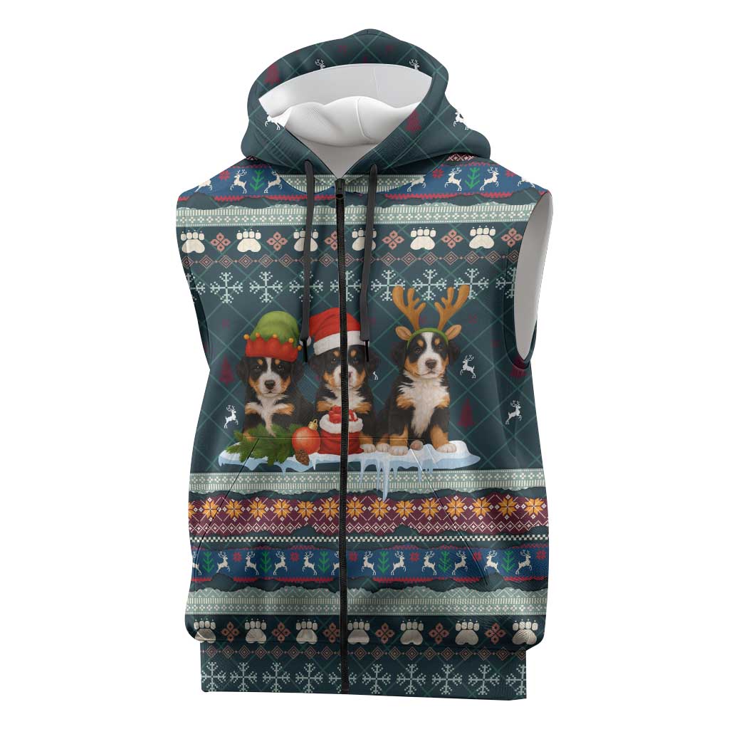 Bernese Mountain Dogs in Holiday Costumes Sleeveless Zip Hoodie with Green Snowflake Pattern Design - Wonder Print Shop