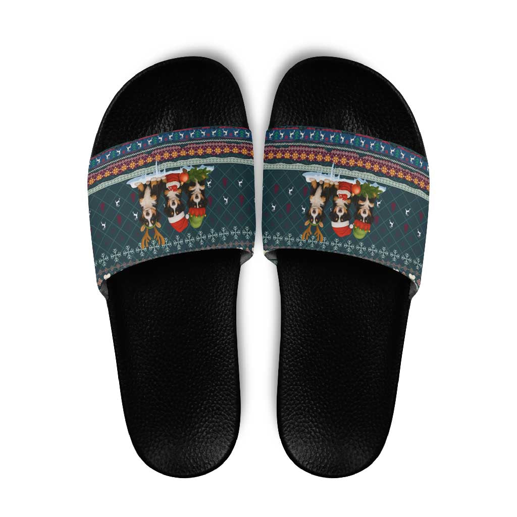 Bernese Mountain Dogs in Holiday Costumes Slide Sandals with Green Snowflake Pattern Design - Wonder Print Shop