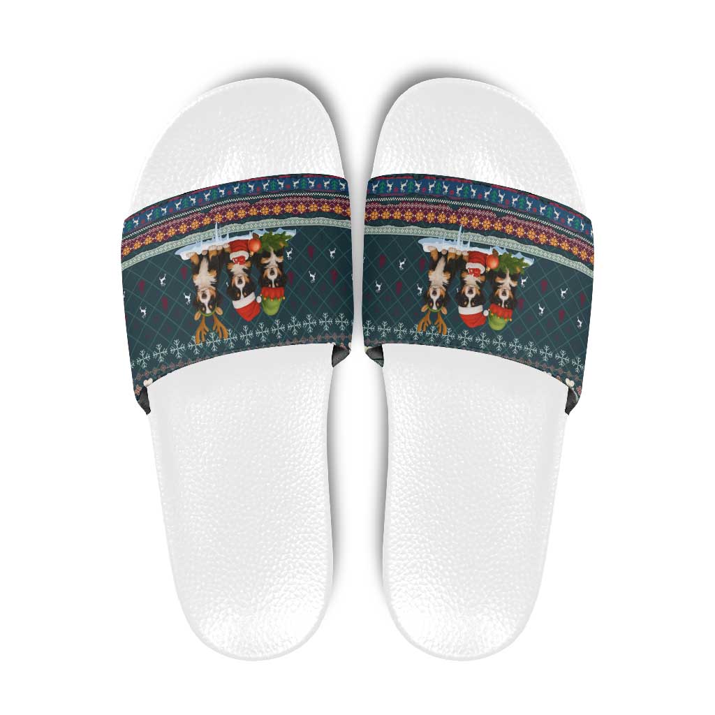 Bernese Mountain Dogs in Holiday Costumes Slide Sandals with Green Snowflake Pattern Design - Wonder Print Shop