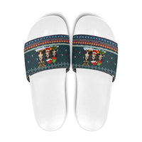 Bernese Mountain Dogs in Holiday Costumes Slide Sandals with Green Snowflake Pattern Design - Wonder Print Shop