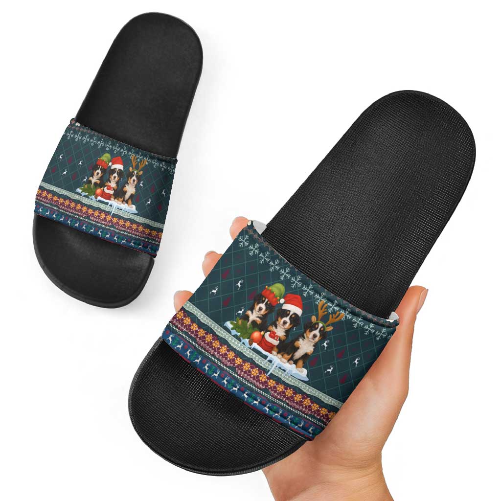 Bernese Mountain Dogs in Holiday Costumes Slide Sandals with Green Snowflake Pattern Design - Wonder Print Shop