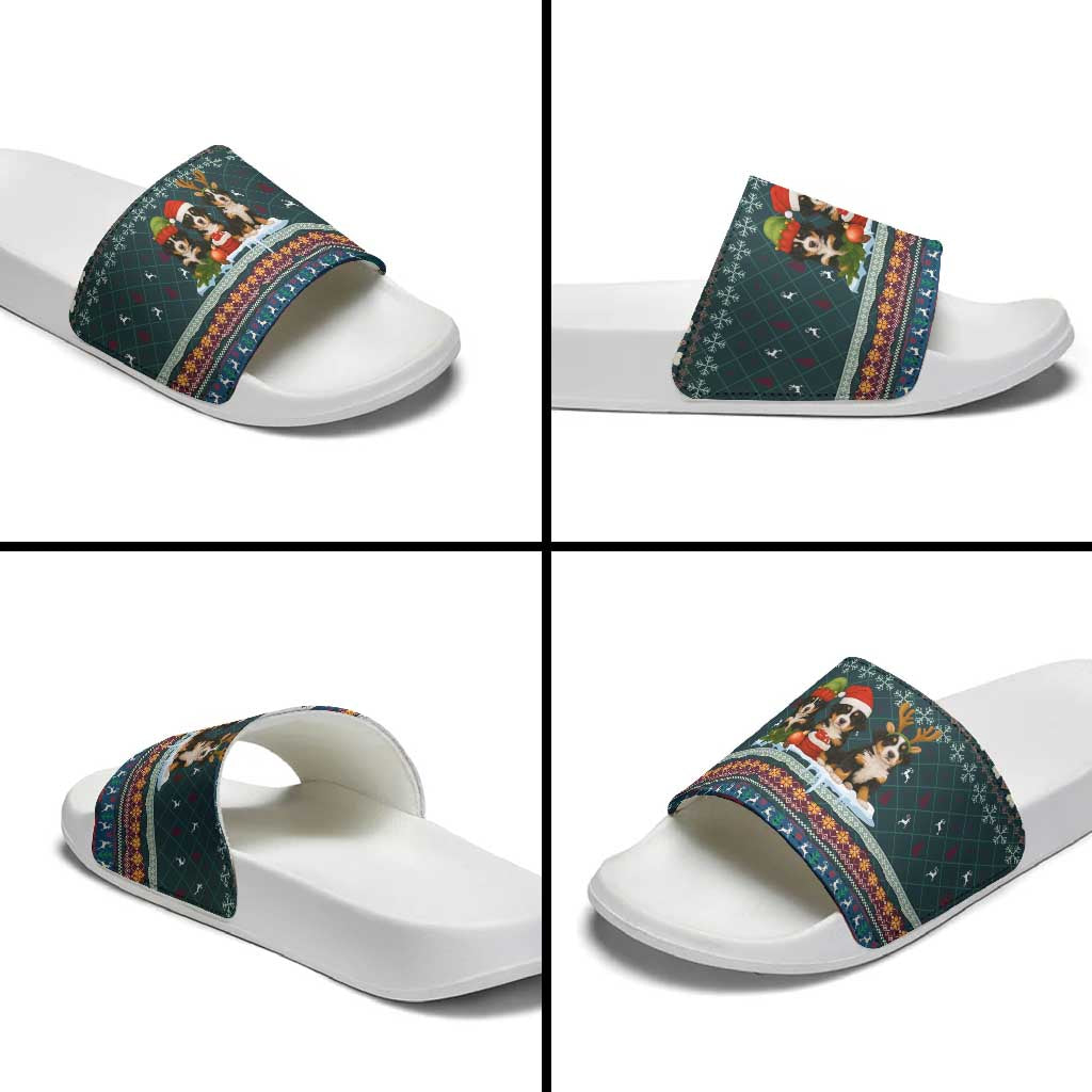 Bernese Mountain Dogs in Holiday Costumes Slide Sandals with Green Snowflake Pattern Design - Wonder Print Shop
