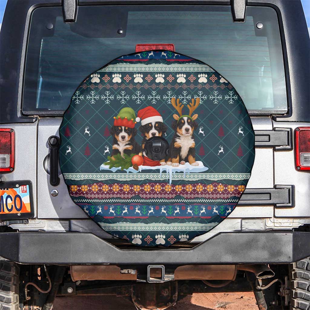 Bernese Mountain Dogs in Holiday Costumes Spare Tire Cover with Green Snowflake Pattern Design - Wonder Print Shop
