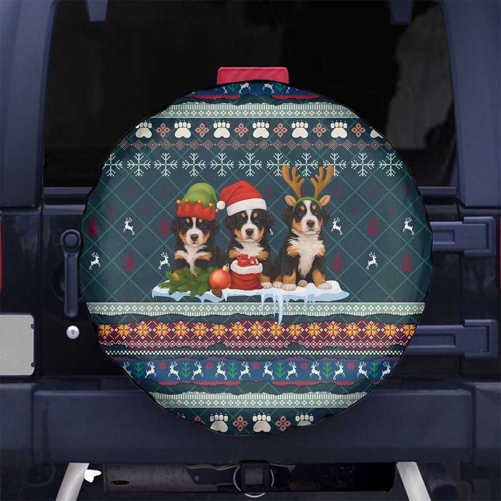 Bernese Mountain Dogs in Holiday Costumes Spare Tire Cover with Green Snowflake Pattern Design - Wonder Print Shop