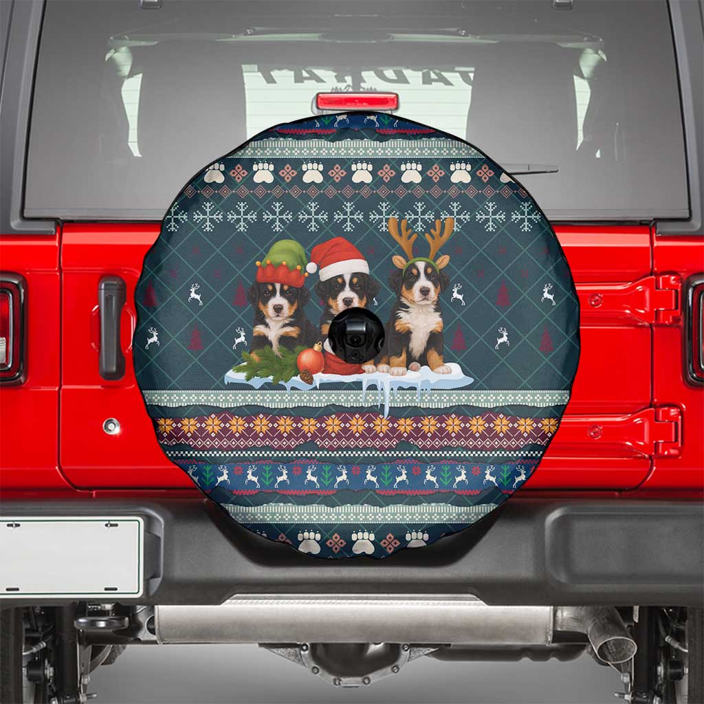 Bernese Mountain Dogs in Holiday Costumes Spare Tire Cover with Green Snowflake Pattern Design - Wonder Print Shop