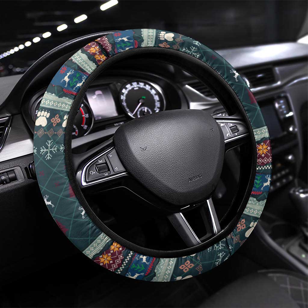 Bernese Mountain Dogs in Holiday Costumes Steering Wheel Cover with Green Snowflake Pattern Design - Wonder Print Shop