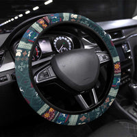 Bernese Mountain Dogs in Holiday Costumes Steering Wheel Cover with Green Snowflake Pattern Design - Wonder Print Shop