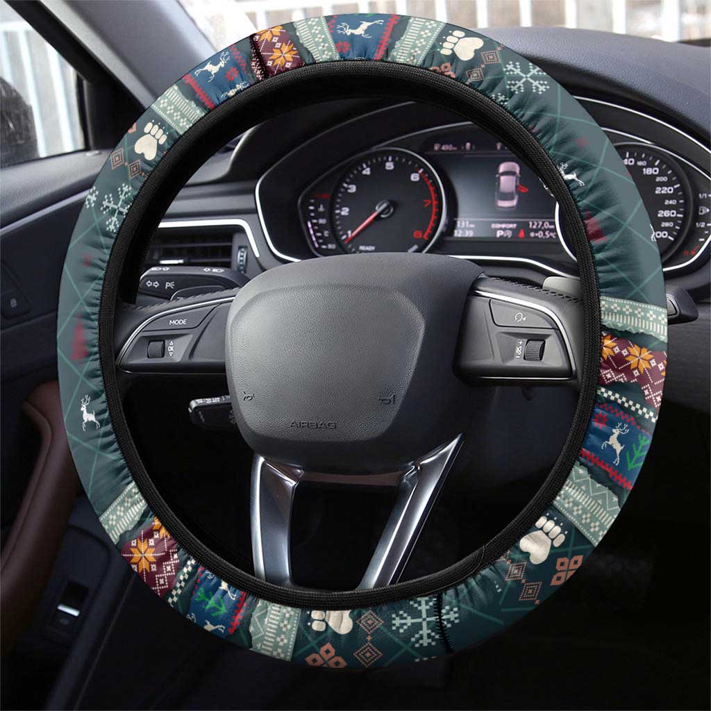 Bernese Mountain Dogs in Holiday Costumes Steering Wheel Cover with Green Snowflake Pattern Design - Wonder Print Shop