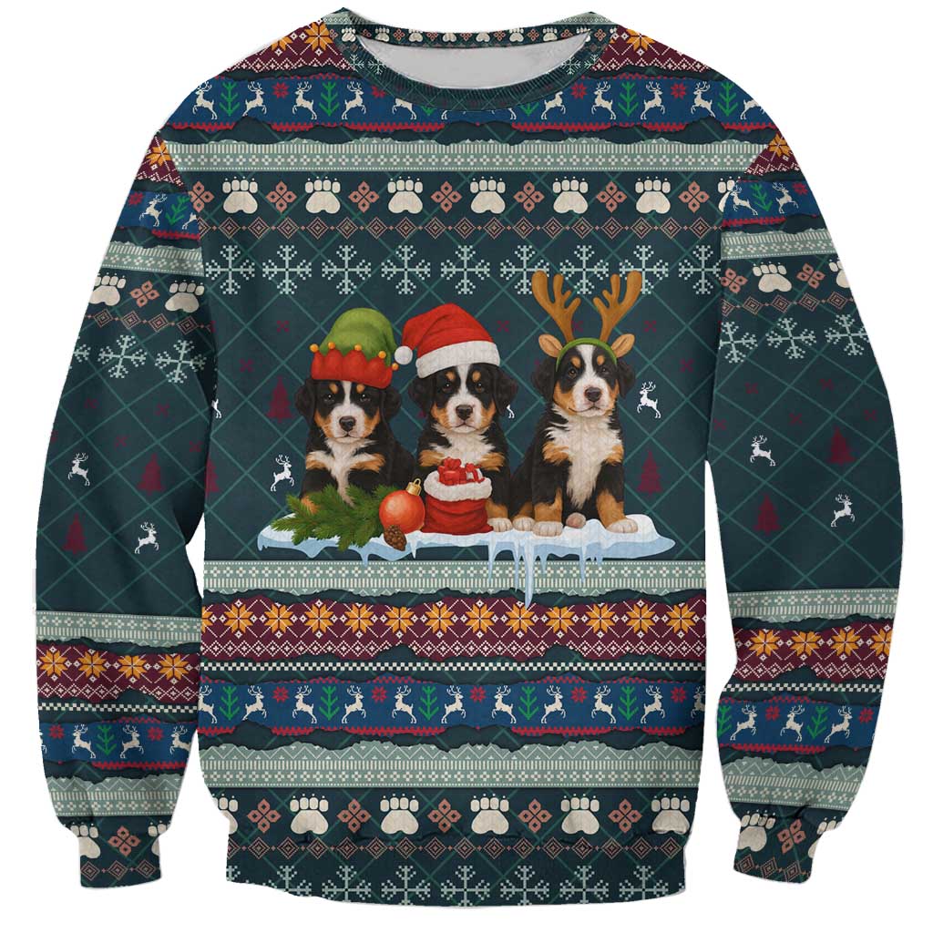 Bernese Mountain Dogs in Holiday Costumes Sweatshirt with Green Snowflake Pattern Design - Wonder Print Shop