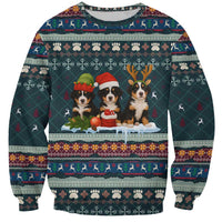 Bernese Mountain Dogs in Holiday Costumes Sweatshirt with Green Snowflake Pattern Design - Wonder Print Shop