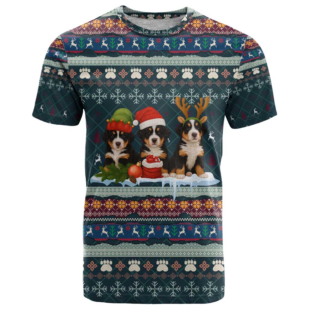 Bernese Mountain Dogs in Holiday Costumes T Shirt with Green Snowflake Pattern Design - Wonder Print Shop