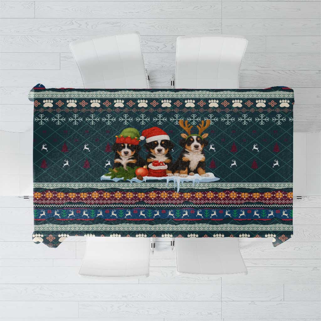 Bernese Mountain Dogs in Holiday Costumes Tablecloth with Green Snowflake Pattern Design - Wonder Print Shop