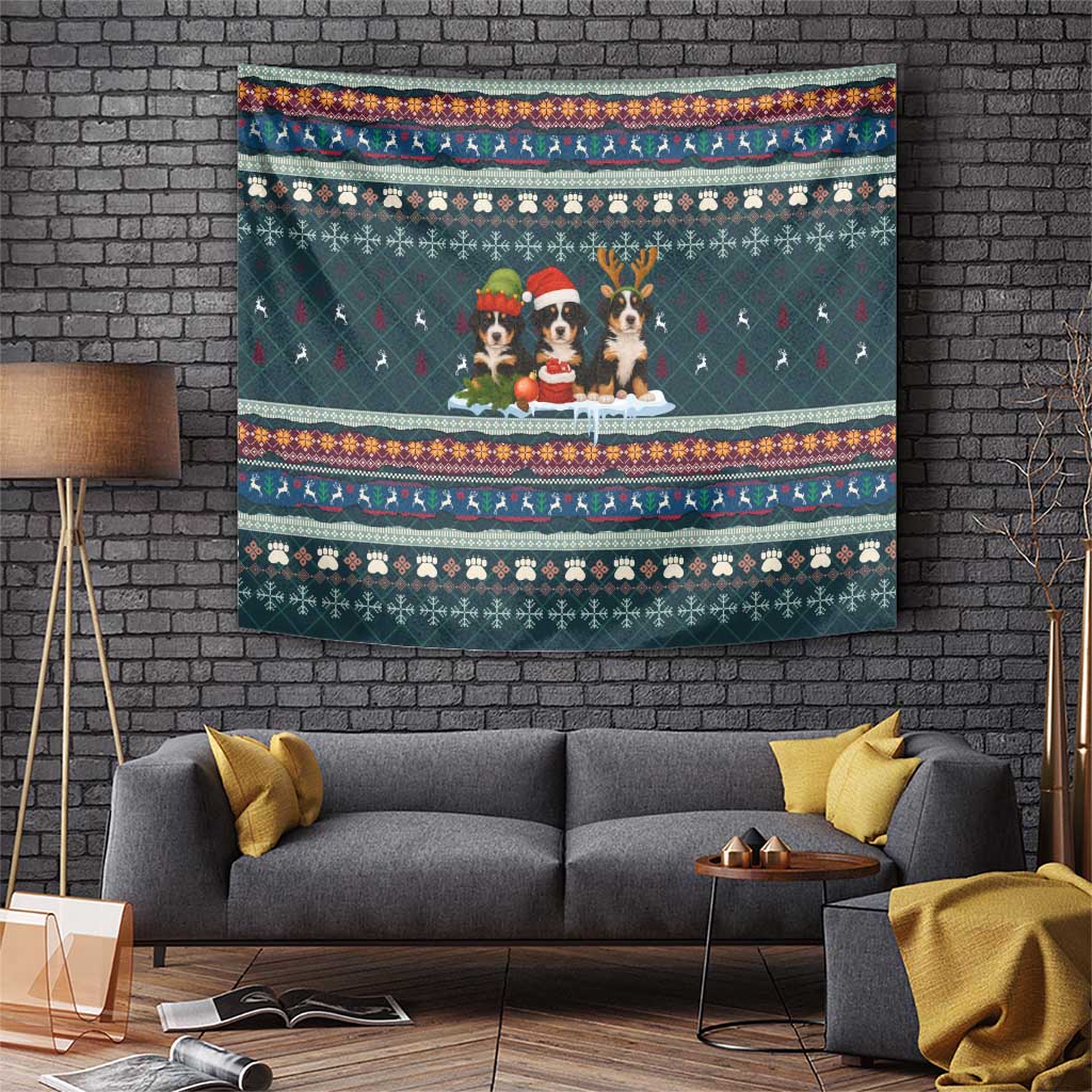 Bernese Mountain Dogs in Holiday Costumes Tapestry with Green Snowflake Pattern Design - Wonder Print Shop